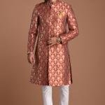 Golden Red Maharaja Style Banarasi Brocade Silk Sherwani | Regal Ethnic Wear | Jaipurio